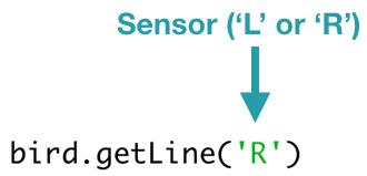 bird.getLine('R')
The getLine() function takes one parameter that must be either 'L' or 'R' to indicate the left or right line sensor.