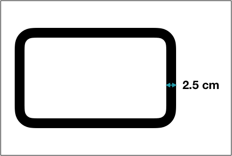 Picture shows the outline of a black rectangle with rounded corners. The width of the line is 2.5 cm.