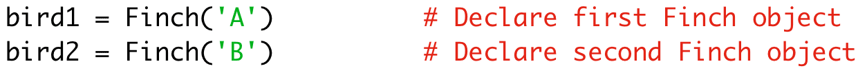bird1 = Finch('A') # Declare first Finch object
bird2 = Finch('B') # Declare second Finch object