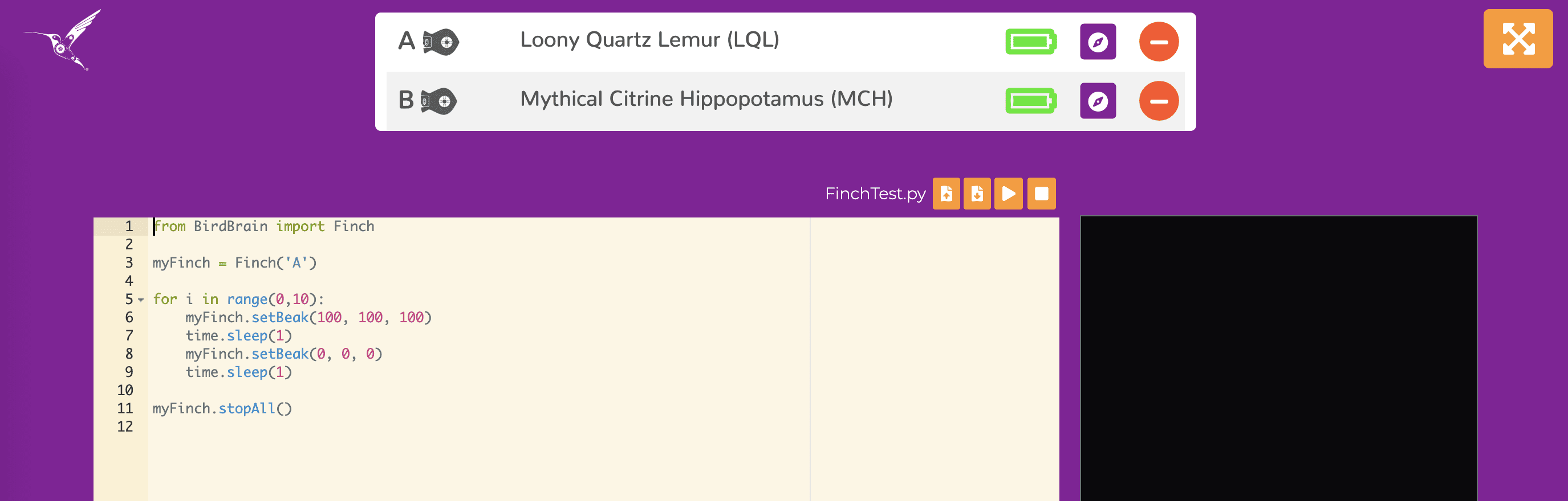This picture shows BirdBrain Brython with two Finches connected.